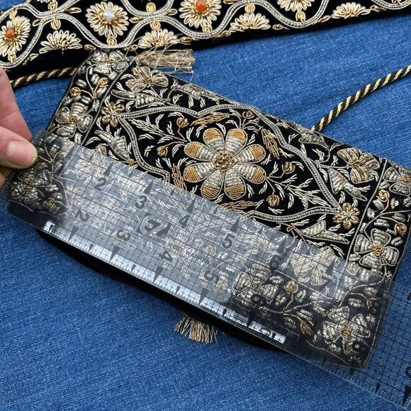 Vintage Hand-Embroidered Velvet Evening Clutch Made in India | Black & Gold - Picture 13 of 16